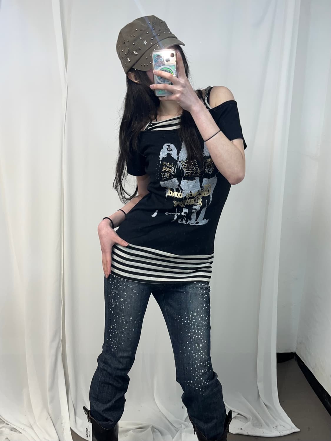 00‘s 큐빅 스컬 자수 부츠컷 데님 팬츠 상품이미지3