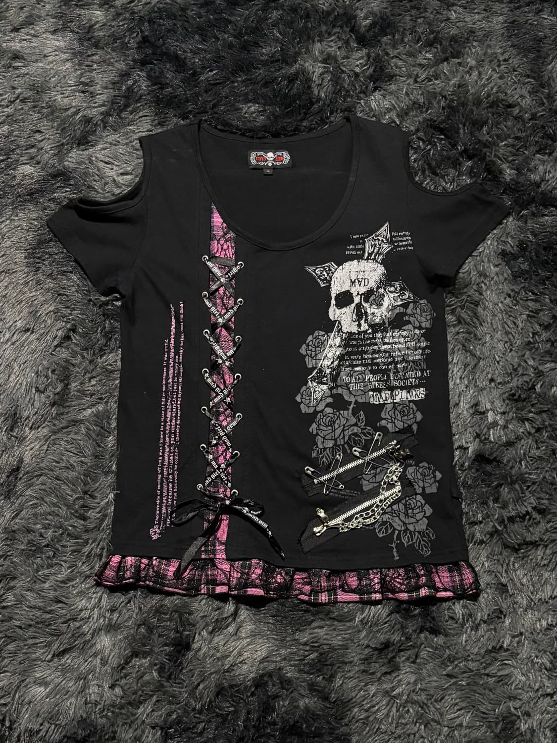 Mad Punks 스컬 그래픽 레이스업 체크 레이어드 탑 상품이미지2