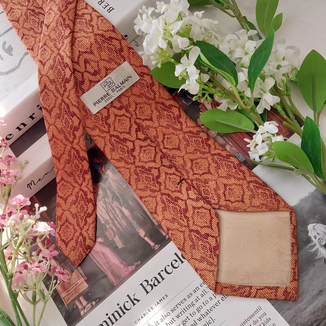 피에르 발망 실크 오렌지 기하 패턴 넥타이 9.5cm A+등급 K1670 상품이미지7