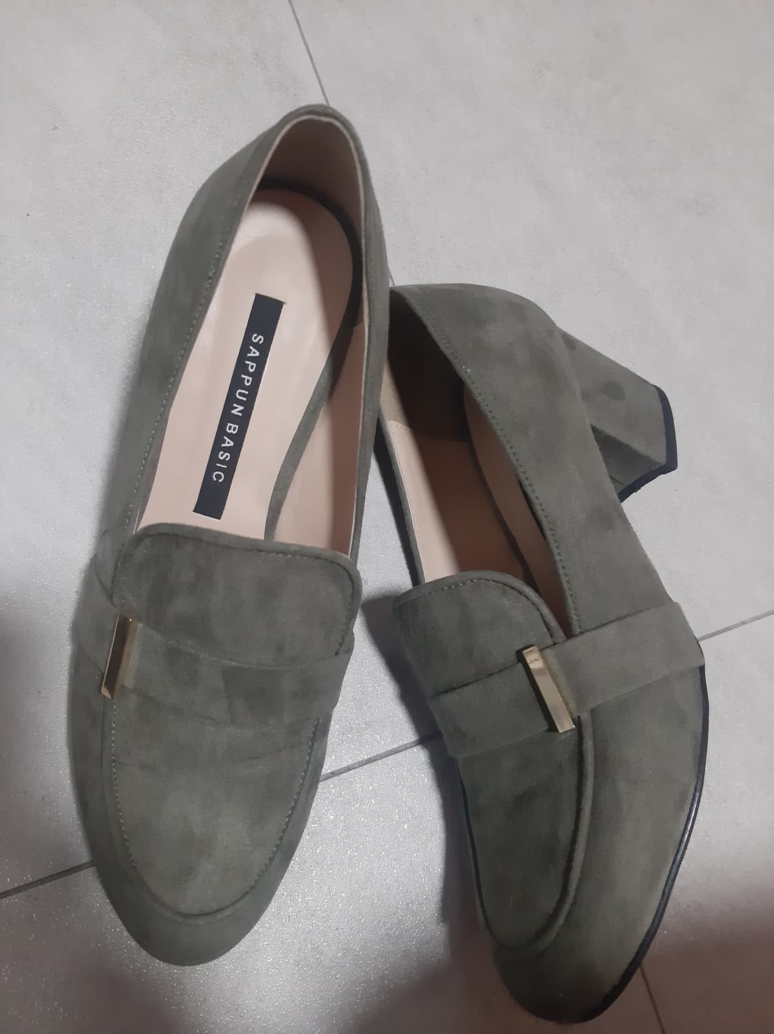 사뿐 카키 그레이 청키 로퍼 하이힐 구두 상품이미지1