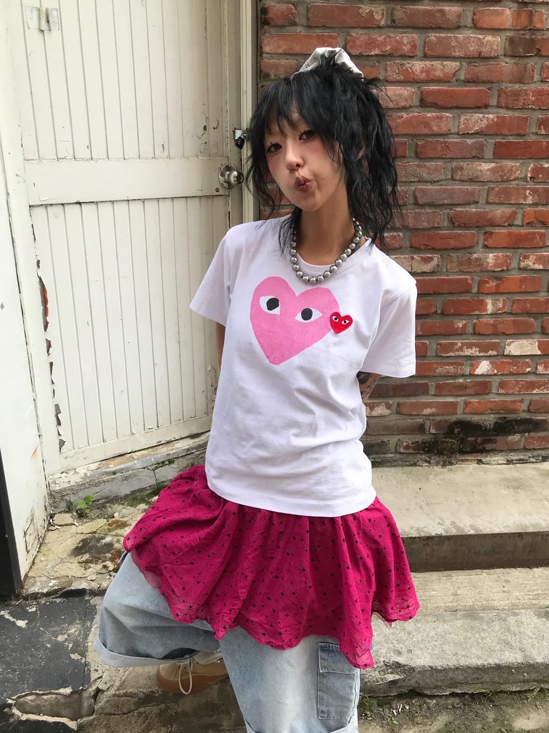 꼼데가르송 더블하트 핑크&레드 반팔 티셔츠 상품이미지4