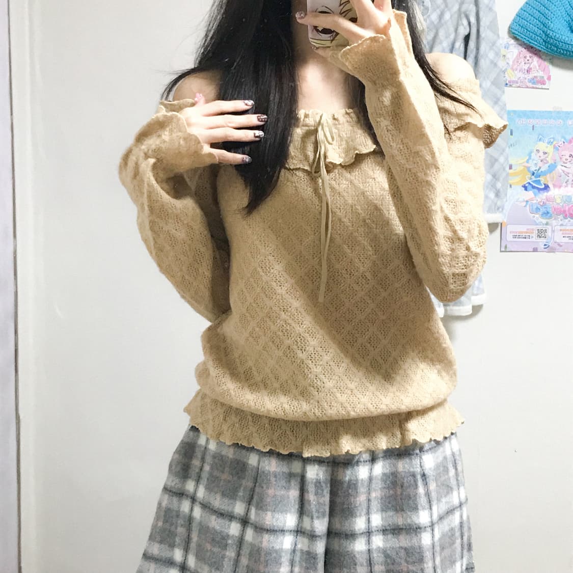 빈티지 리즈리사 오프숄더 리본 브라운 라떼 니트 히메갸루 로걀 헤이세이 상품이미지2