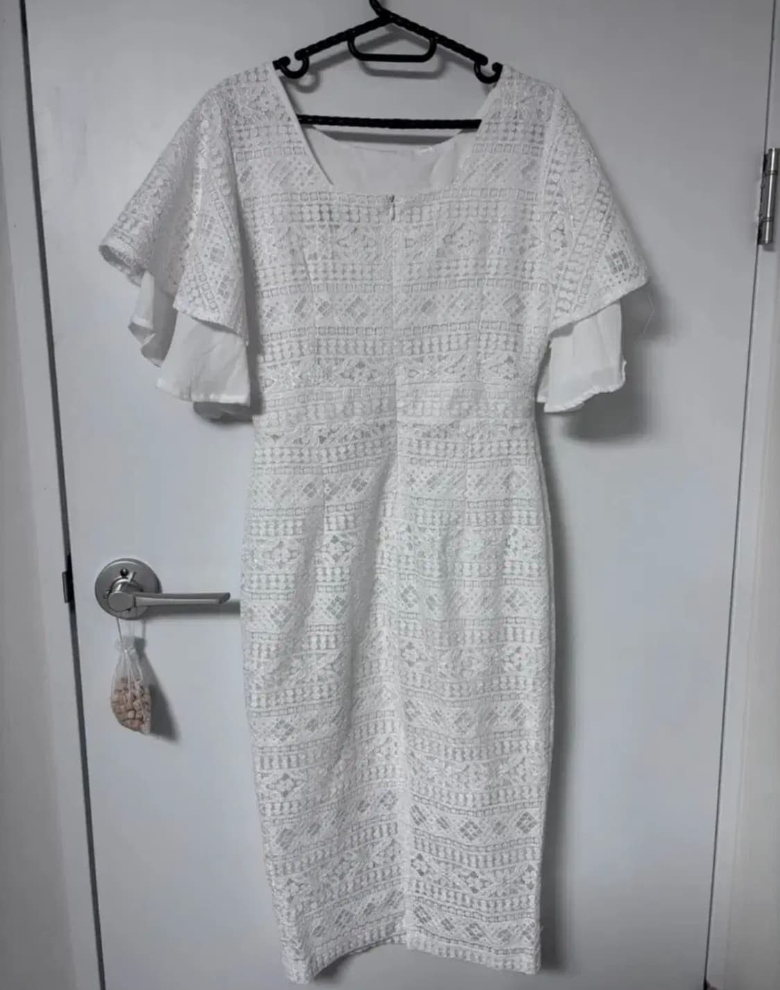 레이스 러플 반팔 시스루 슬림 화이트 롱원피스 브라이덜샤워 웨딩드레스 상품이미지10