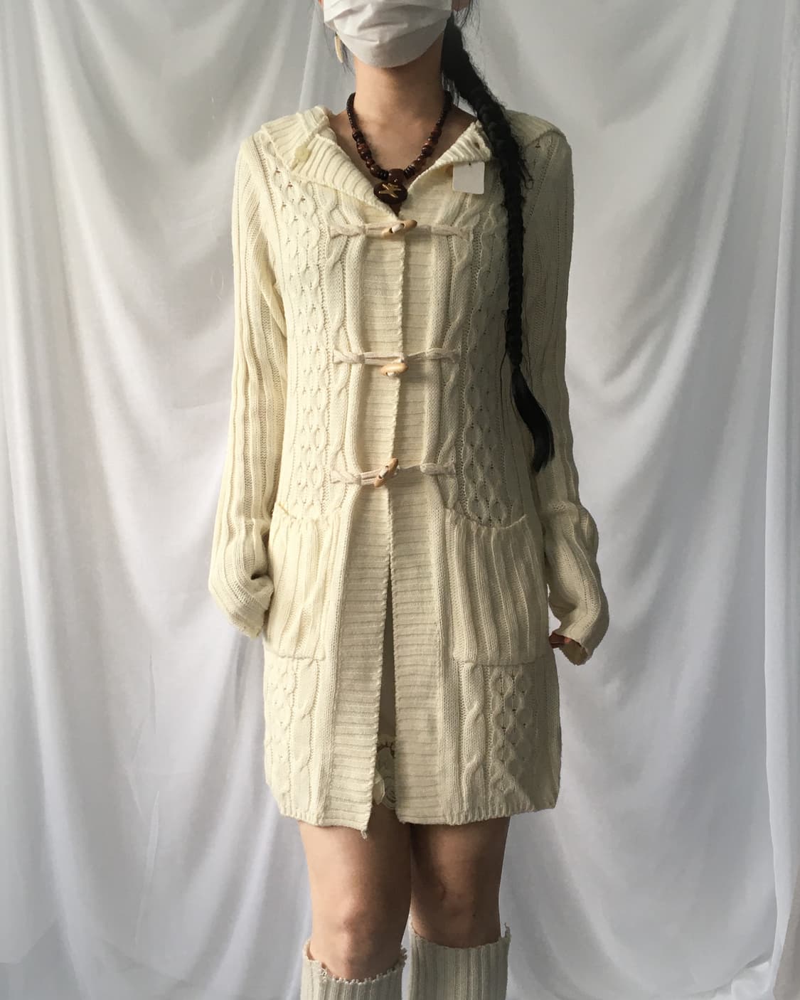 Duffle button cable pattern hood cardiga 상품이미지6