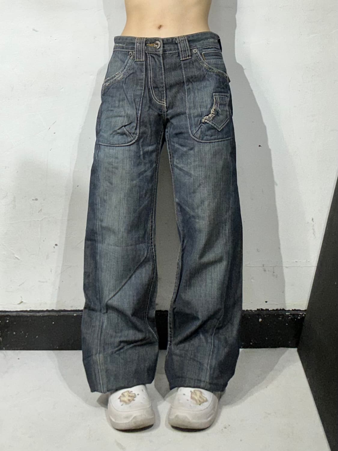 빈티지 중청 대장급 포켓 디테일 와이드 데님 팬츠 워싱 청바지 28  상품이미지2