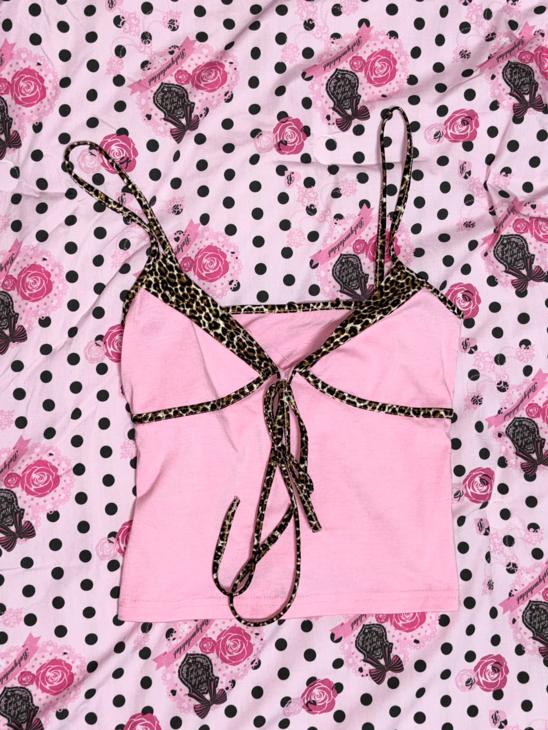 갸루 핑크 호피 배색 나시 상품이미지1