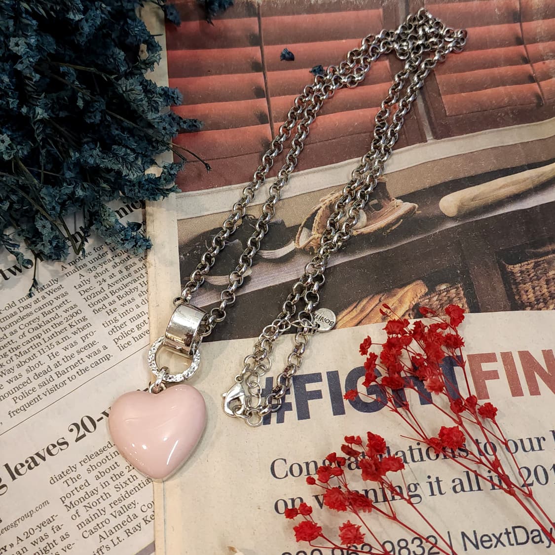 90s 프랑스 빈티지 목걸이 핑크 애나멜 하트 실버 체인 네클리스 상품이미지4