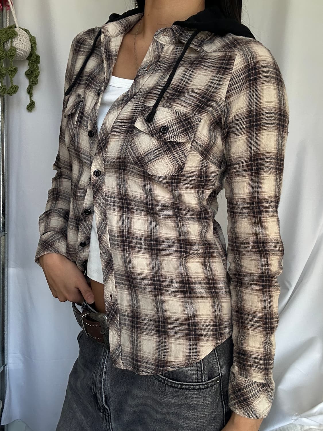 빈티지 코튼 후드 체크 긴팔셔츠 상품이미지3