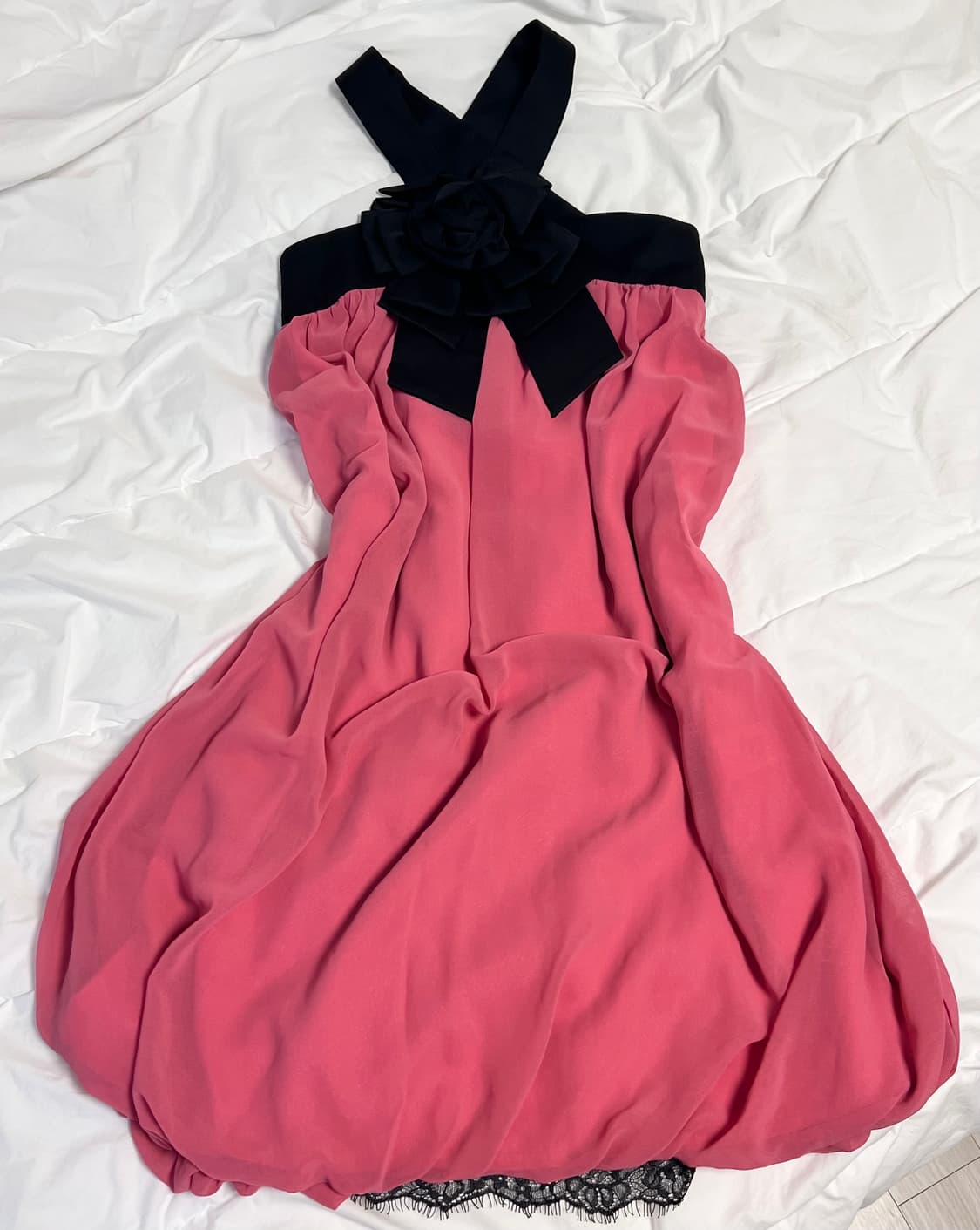 빈티지 로즈 블랙 핑크 크로스 홀터 미니 원피스  상품이미지2