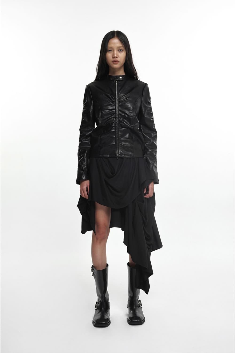 NACHE SHIRRING LEATHER JACKET 나체 셔링 레더자켓 상품이미지1