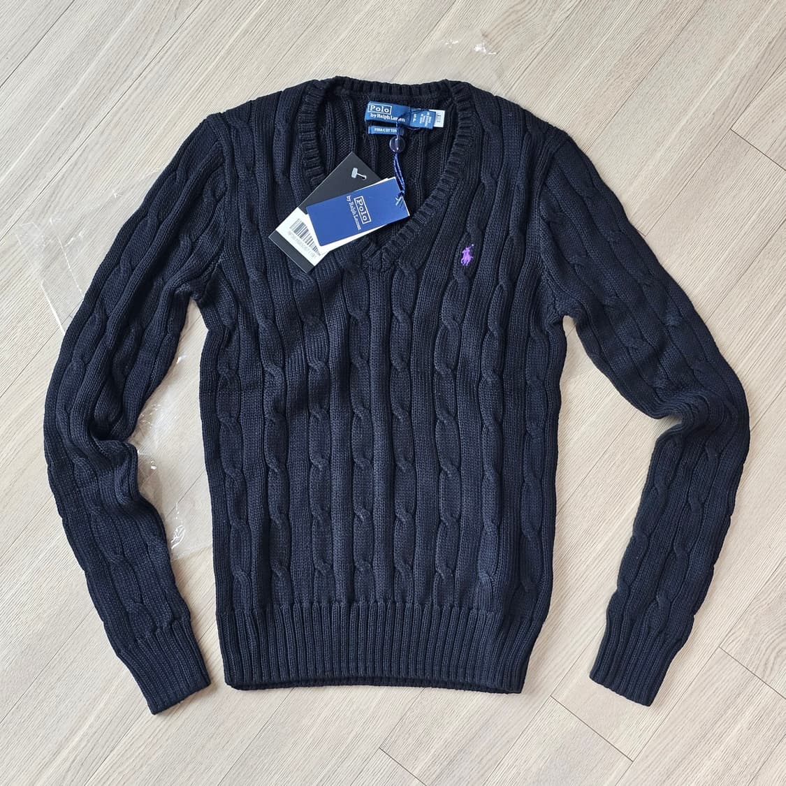 XS 새제품) 폴로 랄프로렌 W 케이블 니트 코튼 V넥 스웨터 블랙 여성 상품이미지2