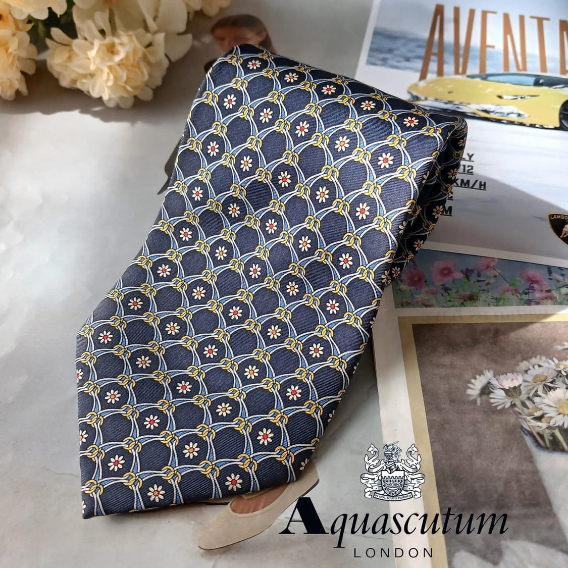 아쿠아스큐텀 체인 플라워 패턴 넥타이 9.9cm A+등급 A19847 상품이미지2