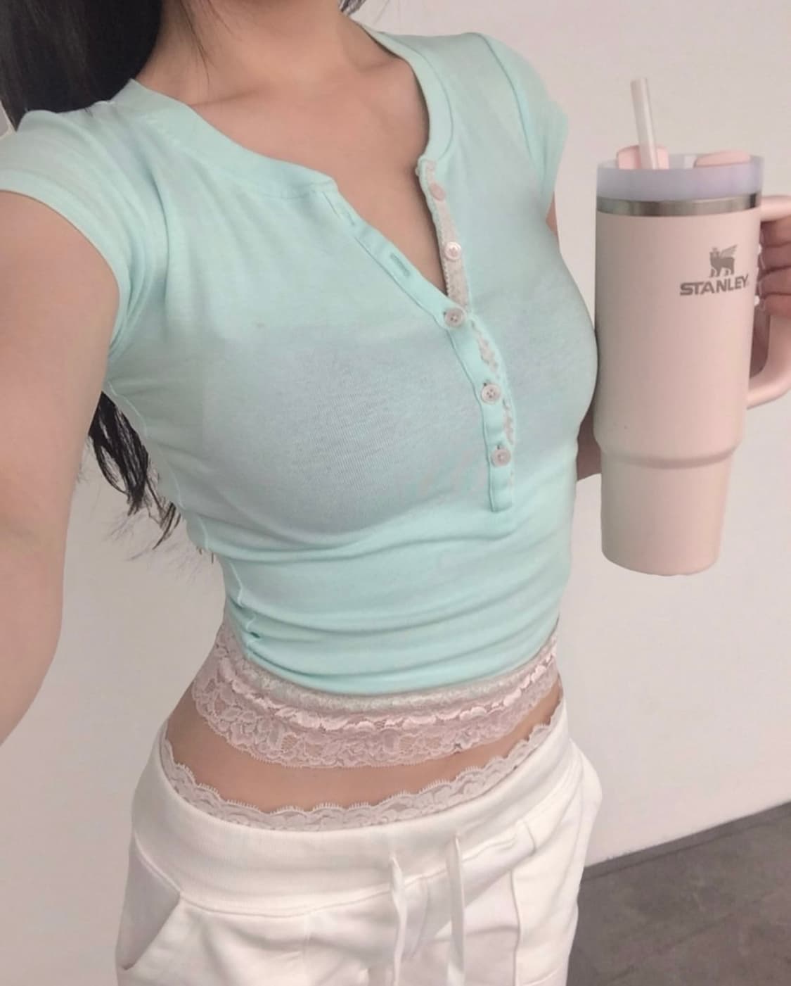 포어링 베이비 파우더 레이스 티 반팔 티셔츠 민트 s 상품이미지1