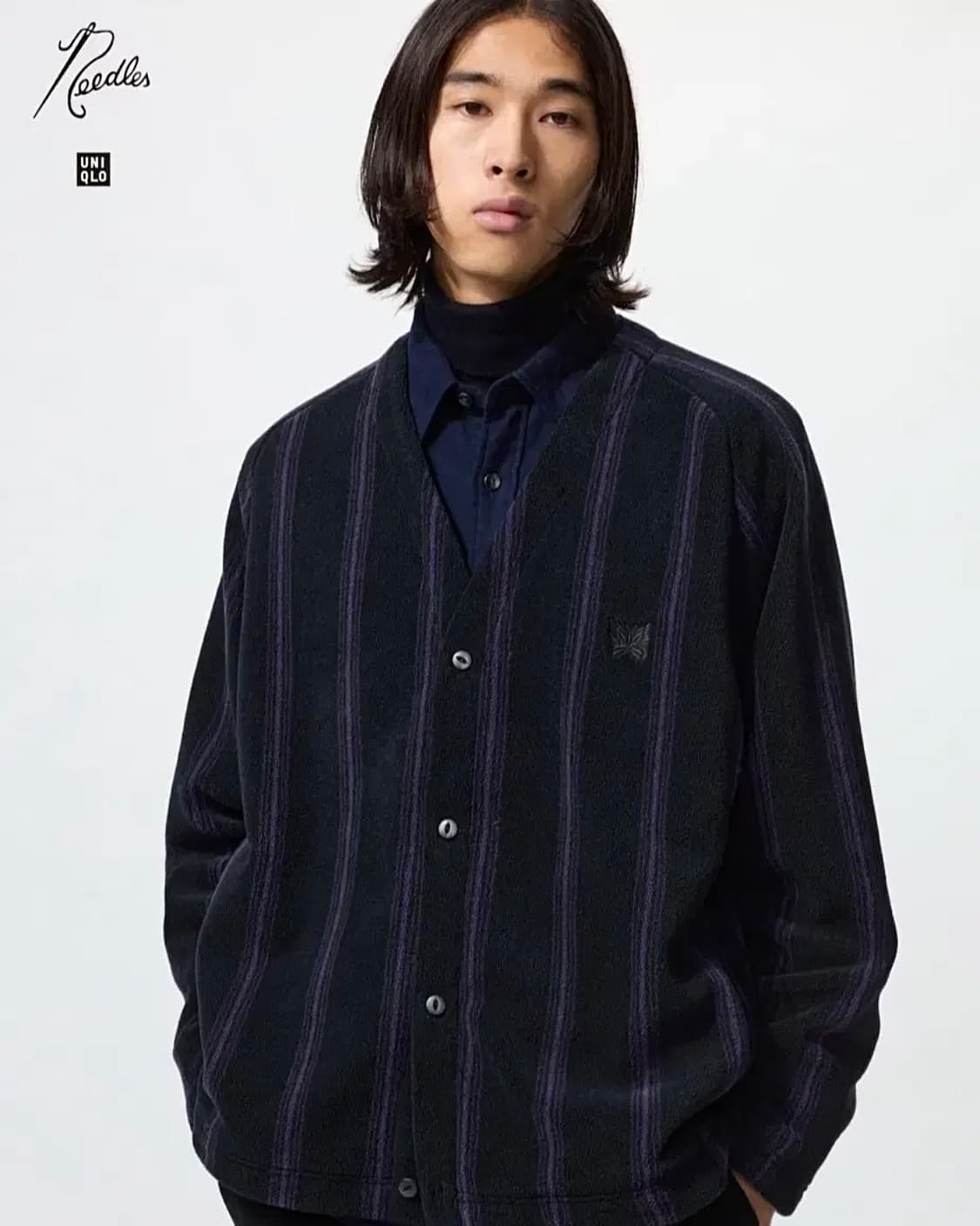 유니클로 니들스 후리스 플리스 가디건 콜라보 스트라이프 블랙 보라 M 상품이미지3