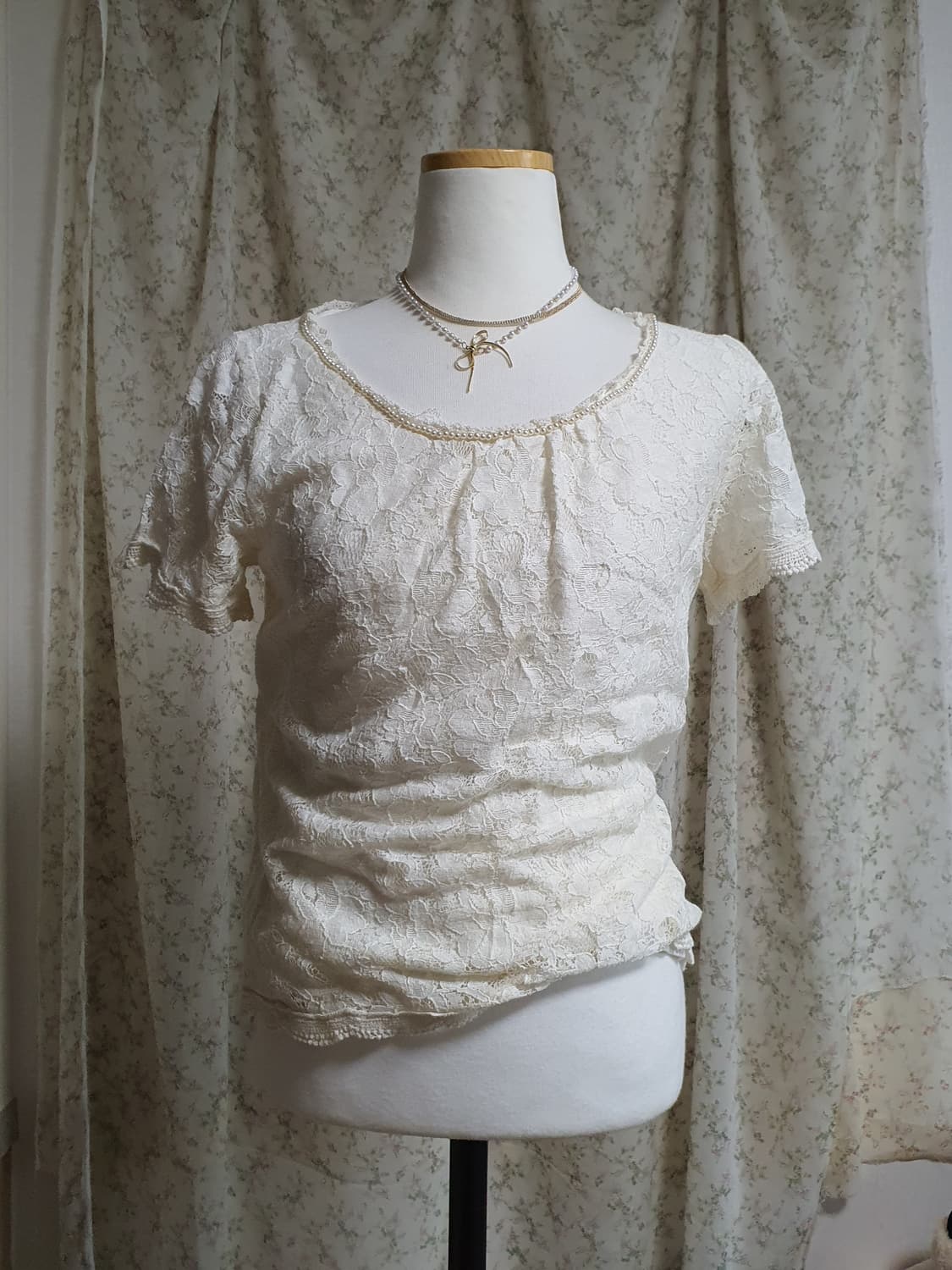 [빈티지] 아이보리 레이스 반팔 블라우스 상품이미지1