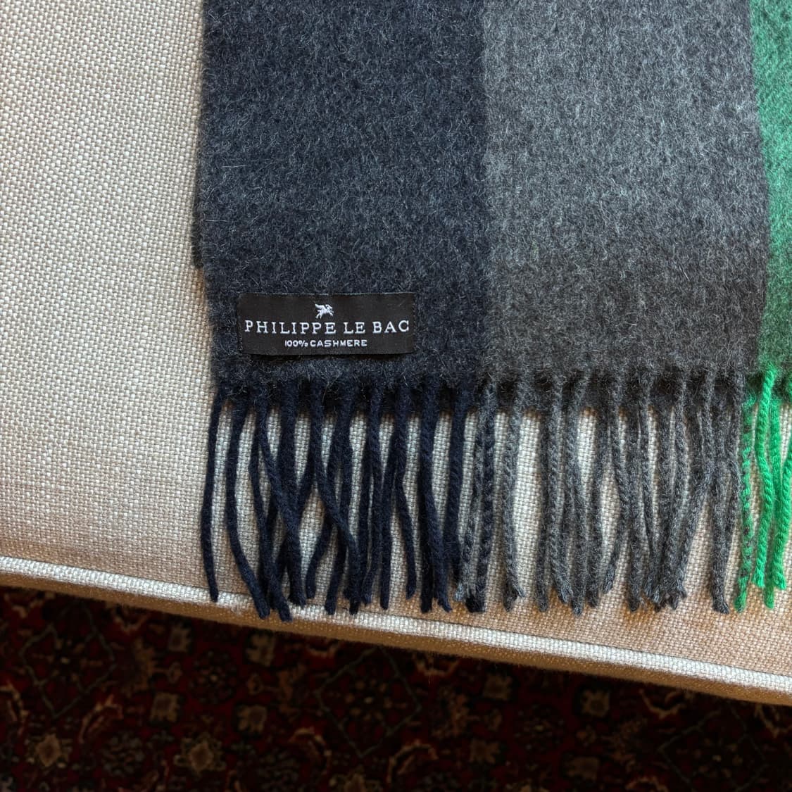 필립 르 백 캐시미어 100 % 머플러 그린 블랙 배색 상품이미지3