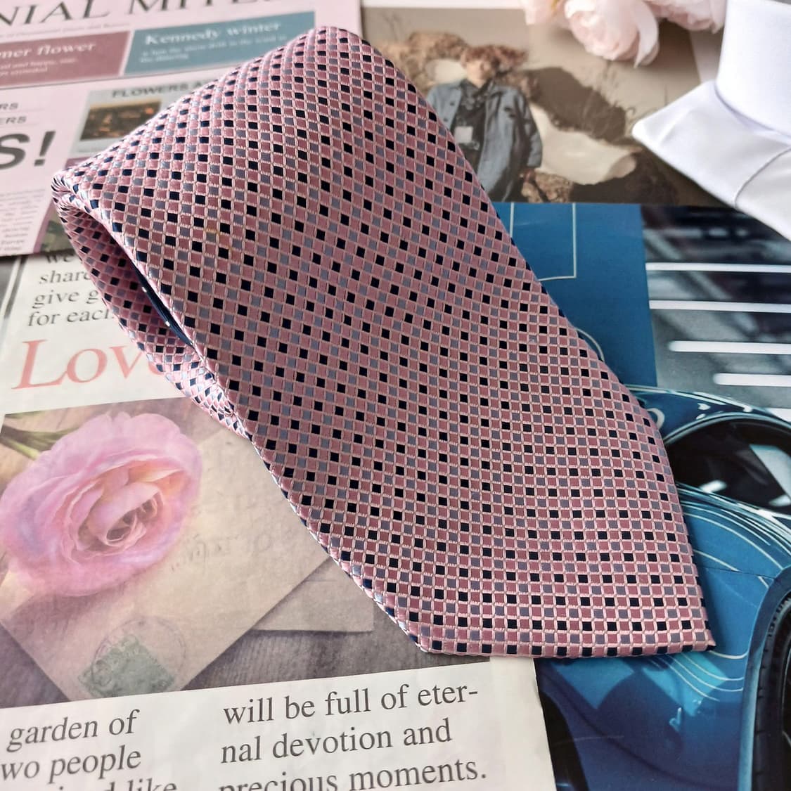 타미힐피거 실크 핑크&네이비 체크 넥타이 8.6cm A+등급 A18815 상품이미지2