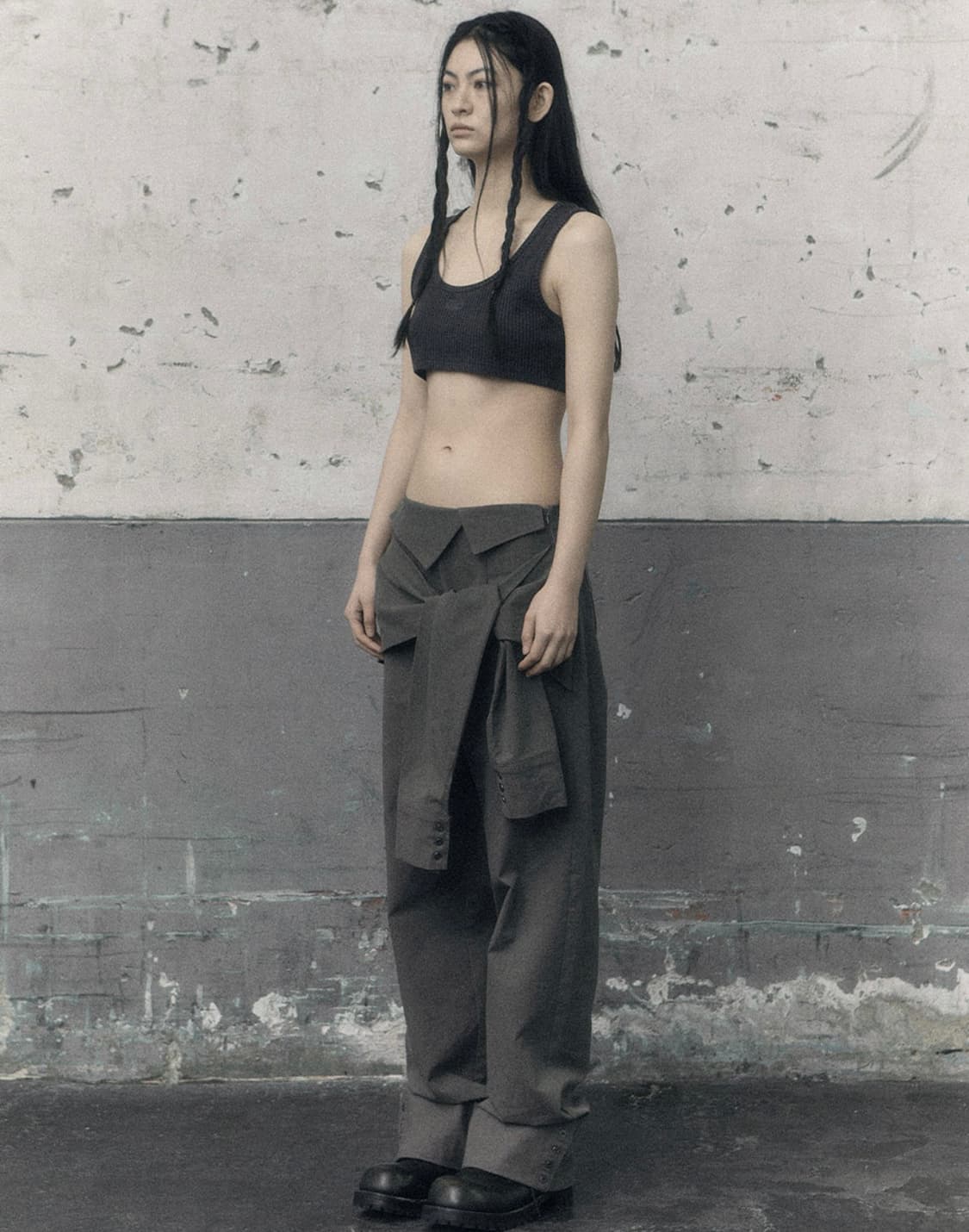 보헤미안서울 턴업 와이드 셔츠 팬츠 카키그레이 상품이미지2