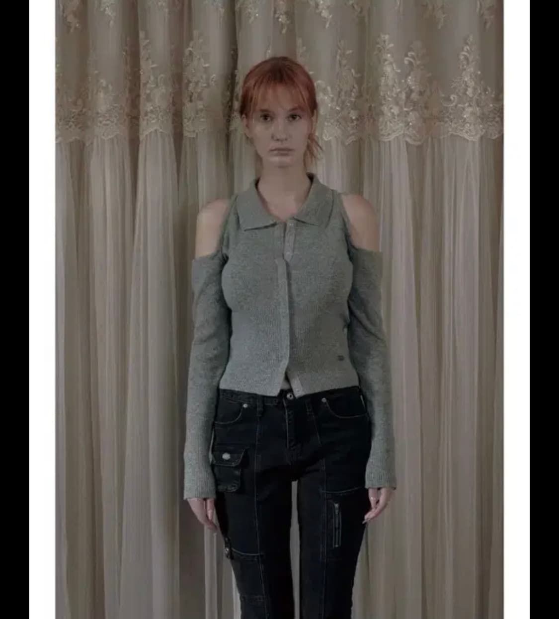 보헤미안서울 숄더 홀 니트 가디건 스톤 그레이 상품이미지2