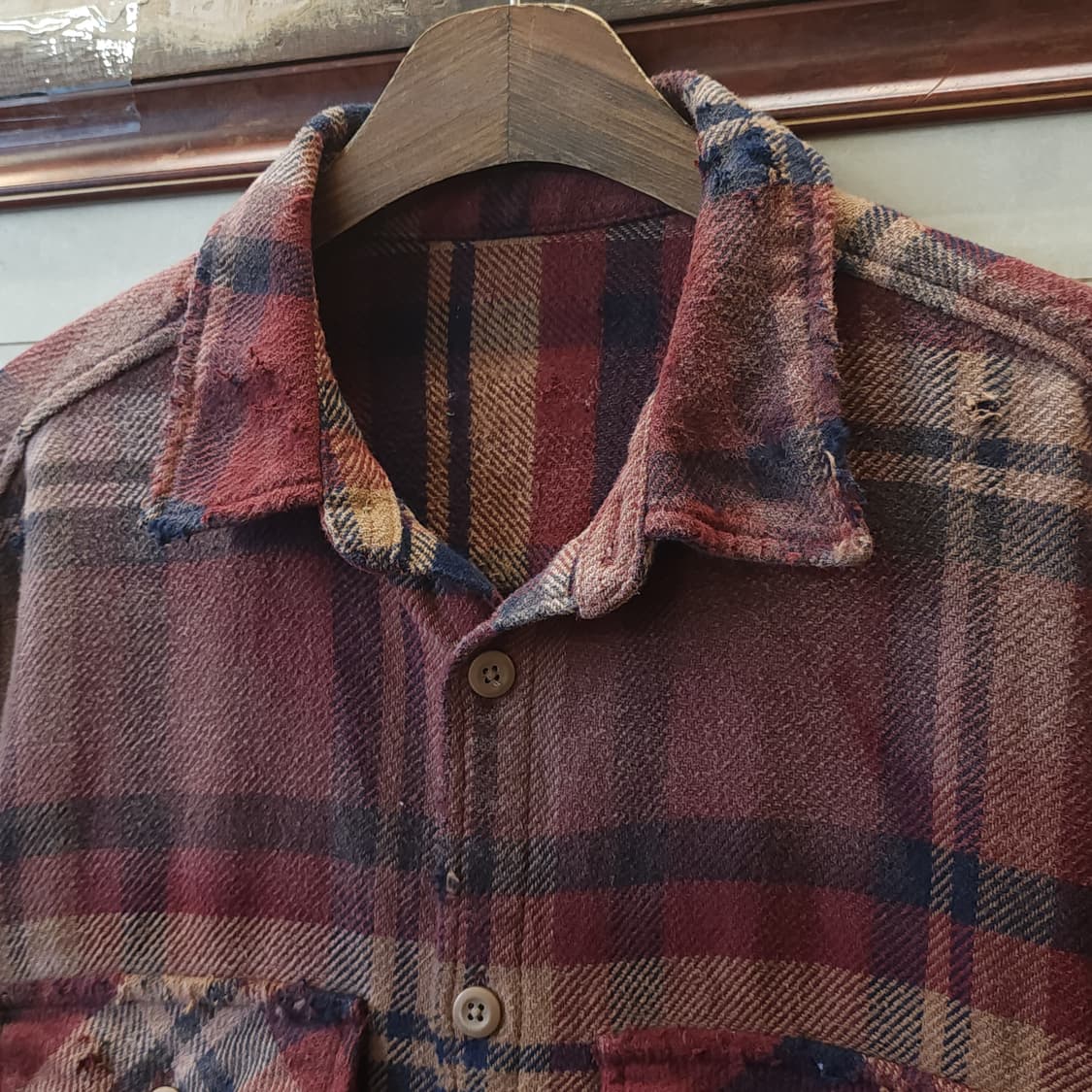 90s 빈티지 체크셔츠 헤비 플란넬 워크셔츠 썬페이딩 레드 데미지 L 상품이미지4