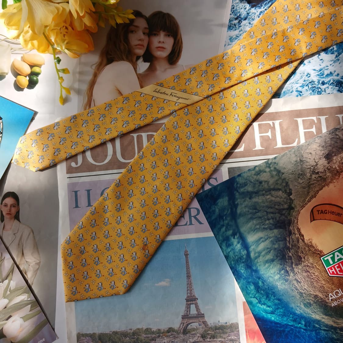 페라가모 옐로우 애니멀 패턴 넥타이 8.3cm B등급 A19716 상품이미지2
