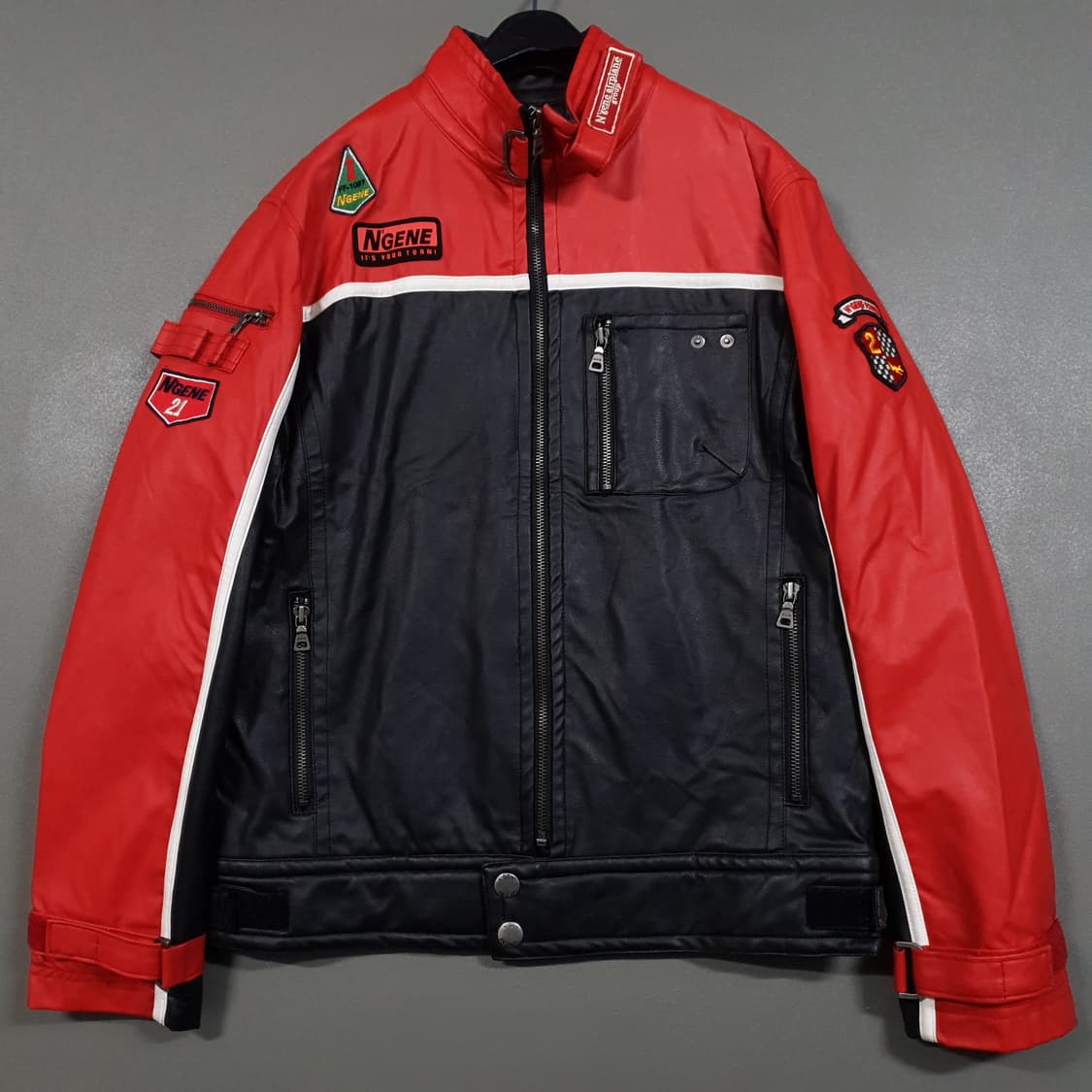 M (95) N'GENE 엔진 지퍼 포켓 패치 가죽 레더 레이싱 자켓 상품이미지2