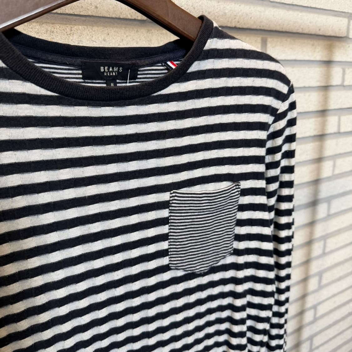 BEAMS 빔즈 스트라이프 체크골지 니트 패치포켓 믹스패턴 디테일 상품이미지6