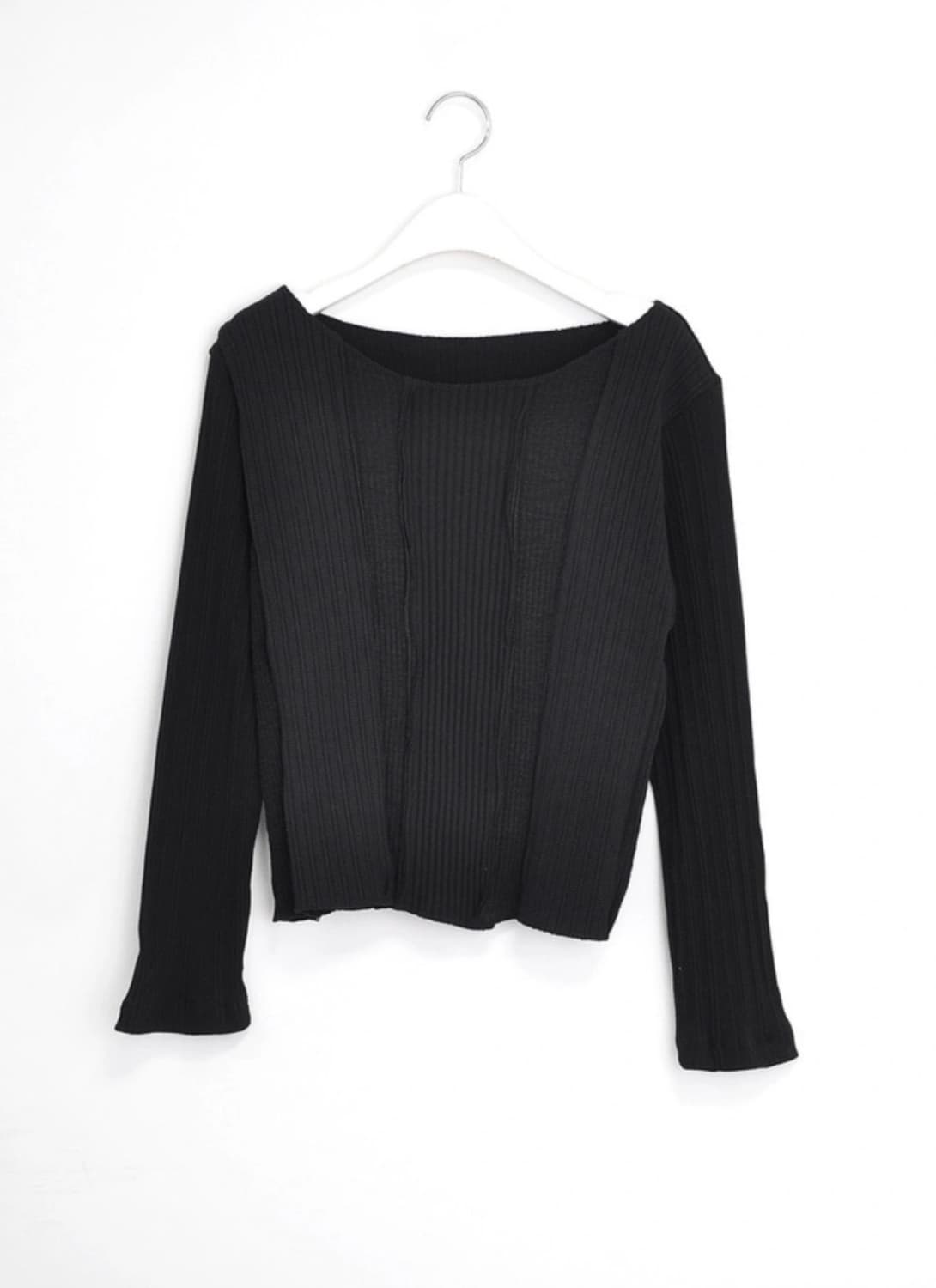 프라이빗룩북 믹스드 골지 오프숄더 보트넥 티셔츠 / 블랙 상품이미지1