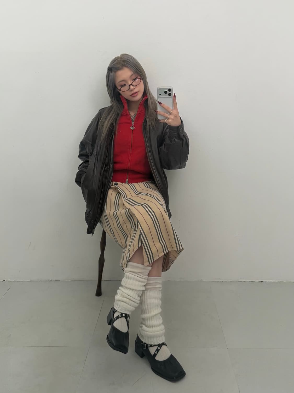 초코 브라운 레더 봄버 자켓 상품이미지2