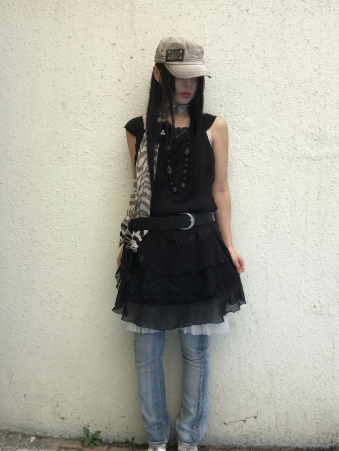 미사미사 리본 레이스 원피스+스키니 펑크 데님 코디세트 상품이미지2