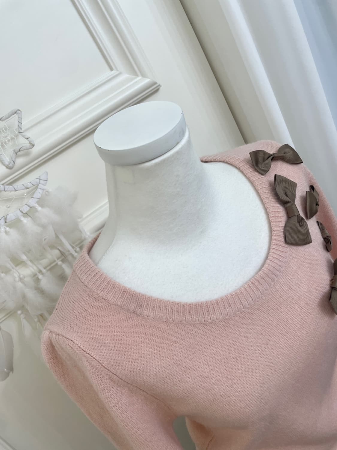 indi pink brown bow point puff knit top 상품이미지8