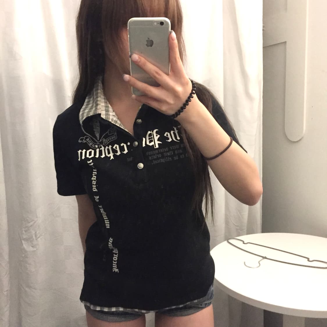 JPN Vintage 갸루 펑크 레터링 체크 PK 카라티 상품이미지1