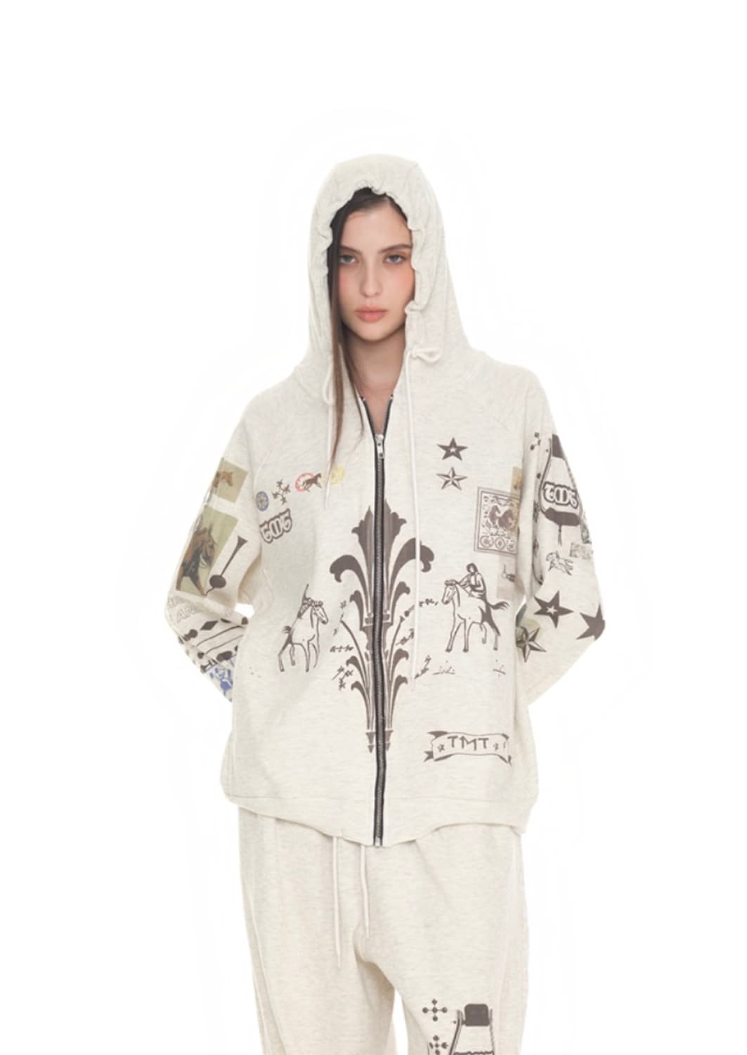 투머치택스 프린티드 와플 집업 후디 아이보리 상품이미지5