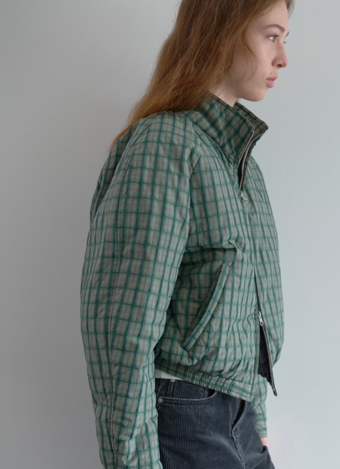 포저 레글런 슬리브 패디드 자켓 그린 체크  상품이미지4