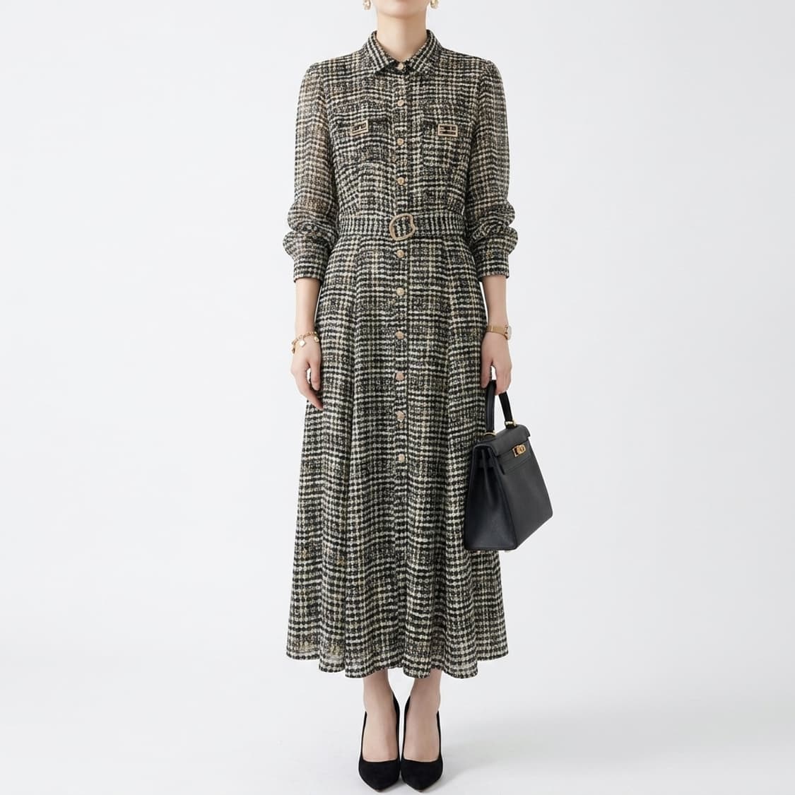 DIWENSI 디웬시 패턴 벨티드 셔츠 롱 원피스 (금장 디테일) 상품이미지1