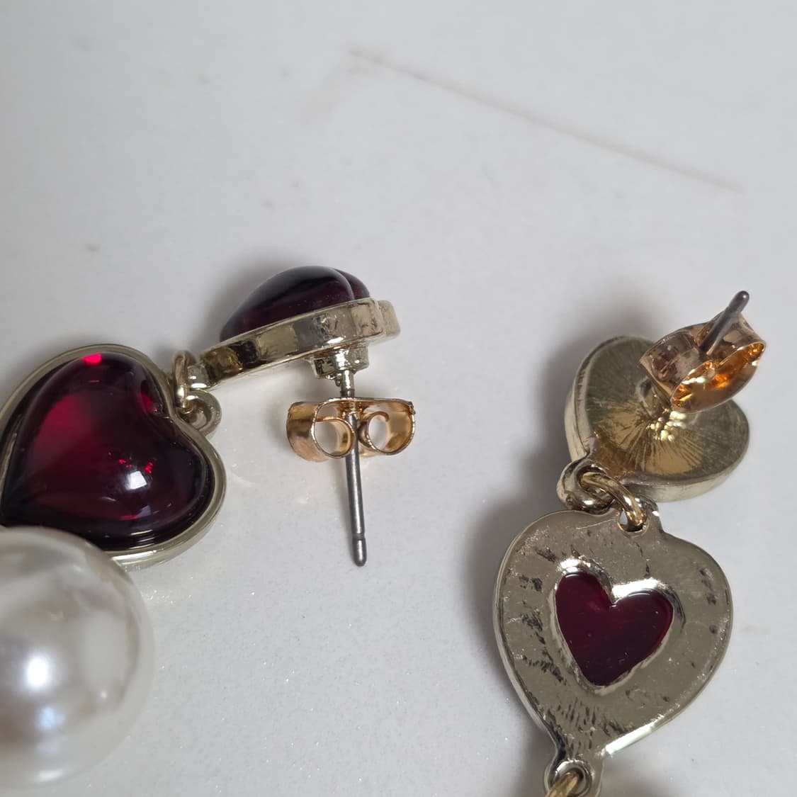 일본빈티지)로맨틱 가넷루비컬러 하트스톤 진주 드롭귀걸이 상품이미지4