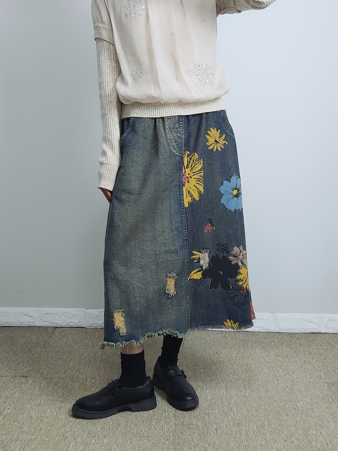 플라워 데님 스커트 상품이미지4