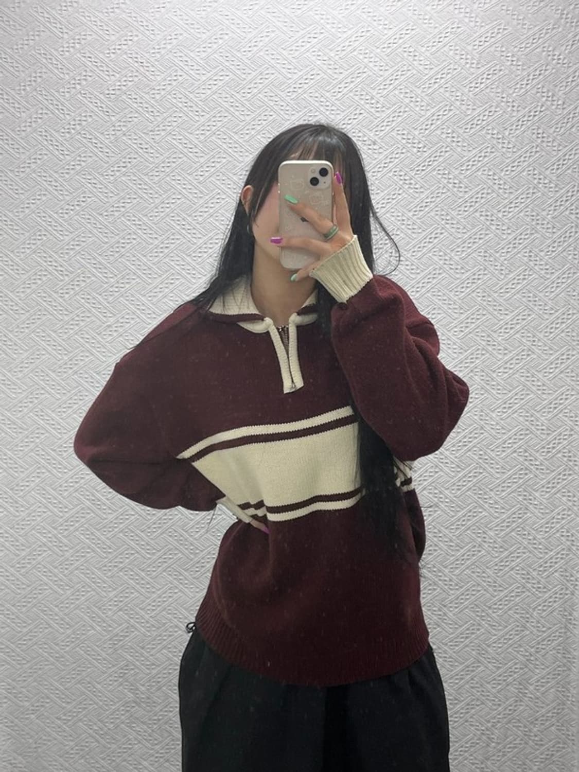 수아레 빈티지 레트로 배색 반집업 울 혼방 니트 M C07279 상품이미지2