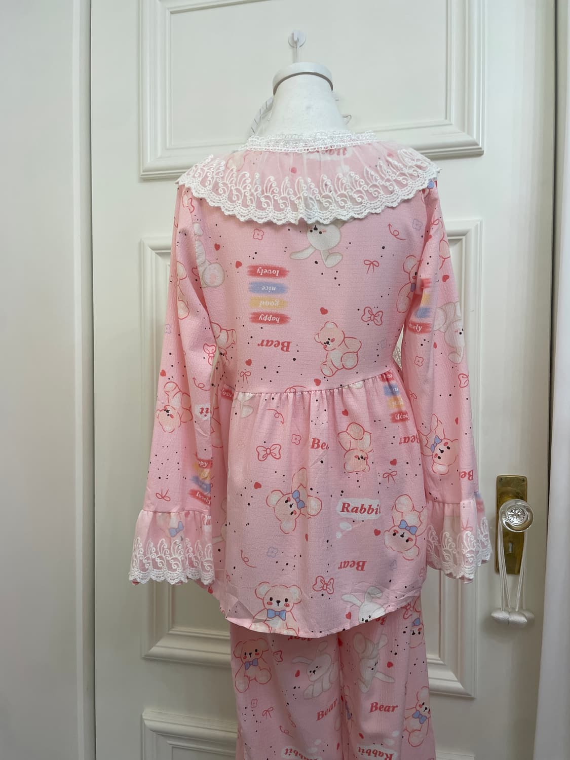 pink lace point bear print pajama set 상품이미지4