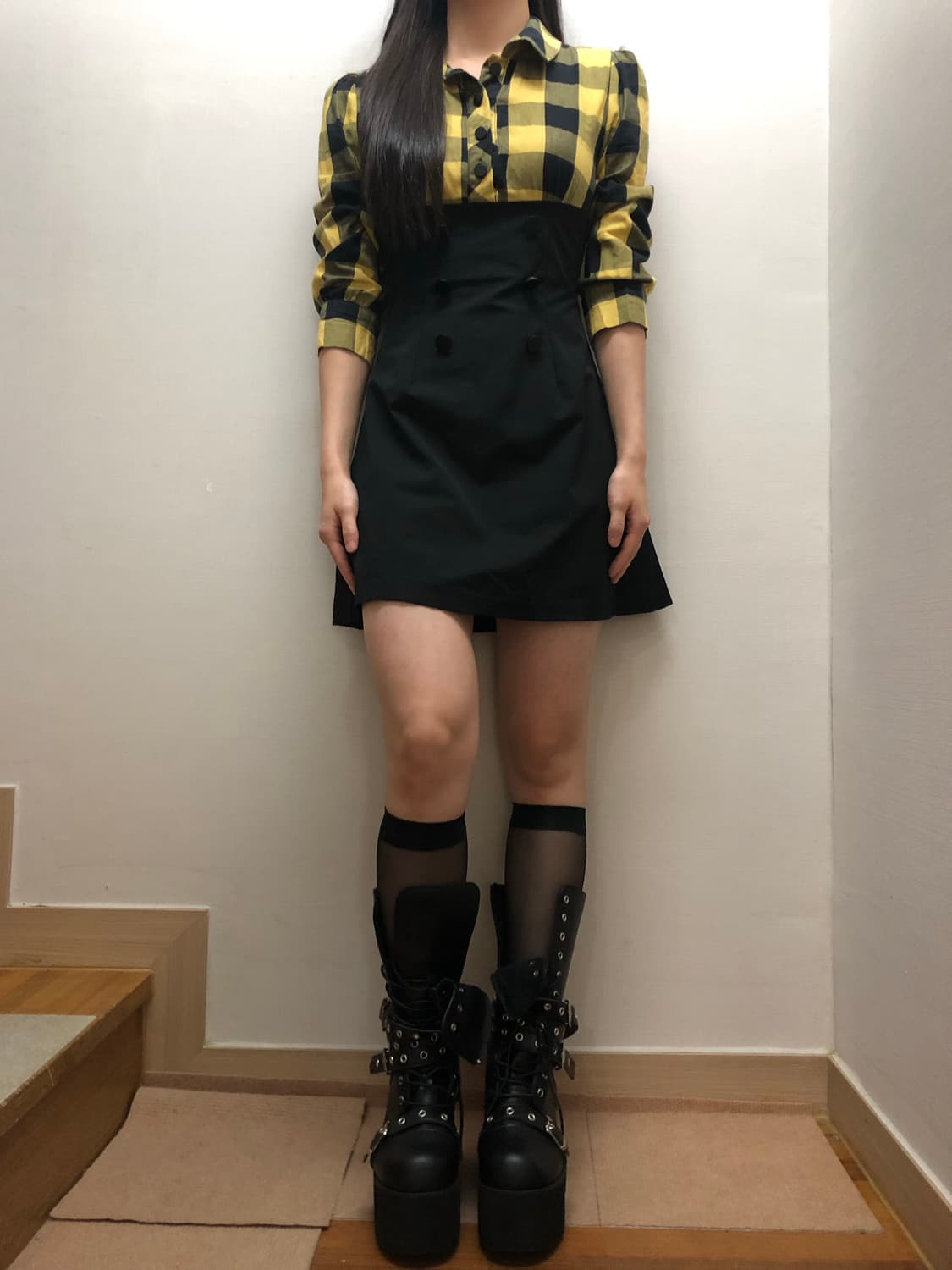 빈티지 펑크 옐로우 체크 원피스 상품이미지4