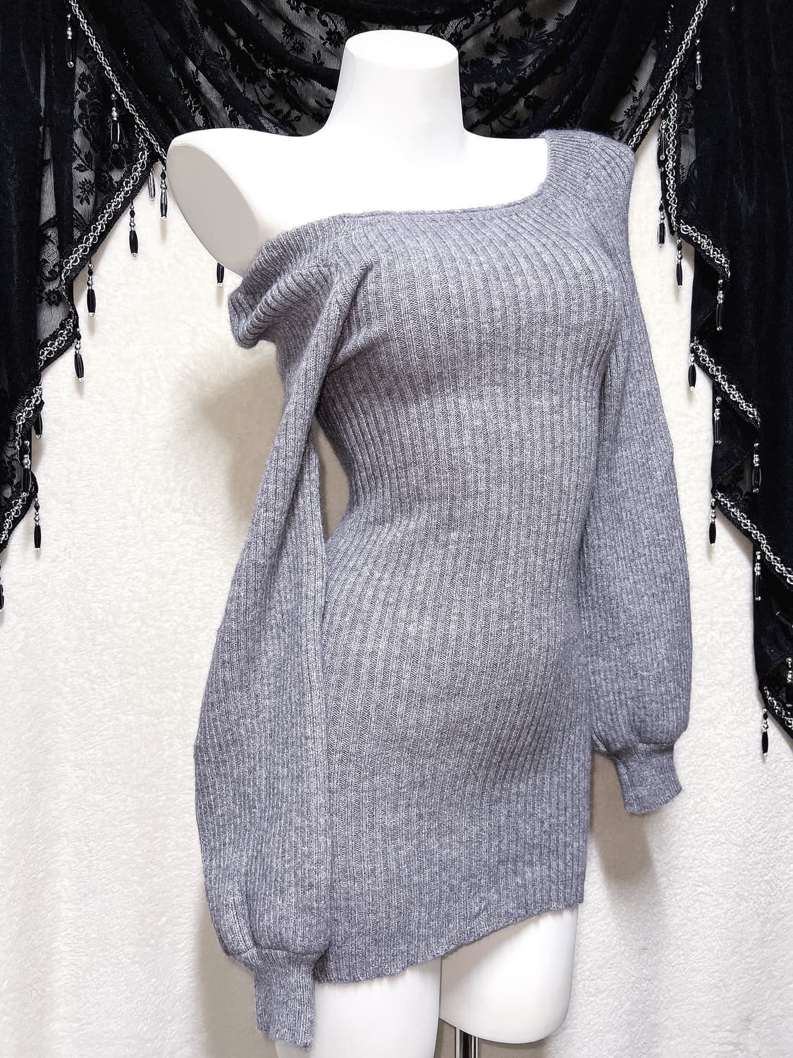 로맨틱갸루 로걀 오네 퍼프 벌룬 오프숄더 니트원피스 섹시 연말 딱붙핏 상품이미지4