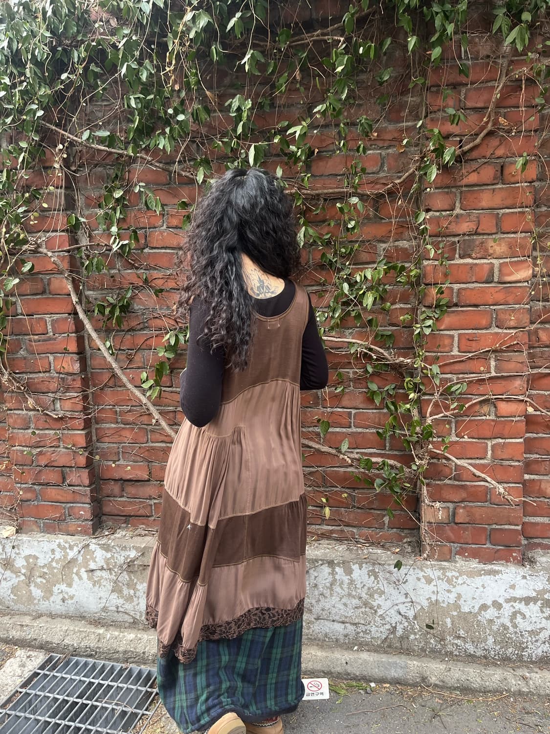 레드 브라운 패치 민소매 미디 원피스 상품이미지3