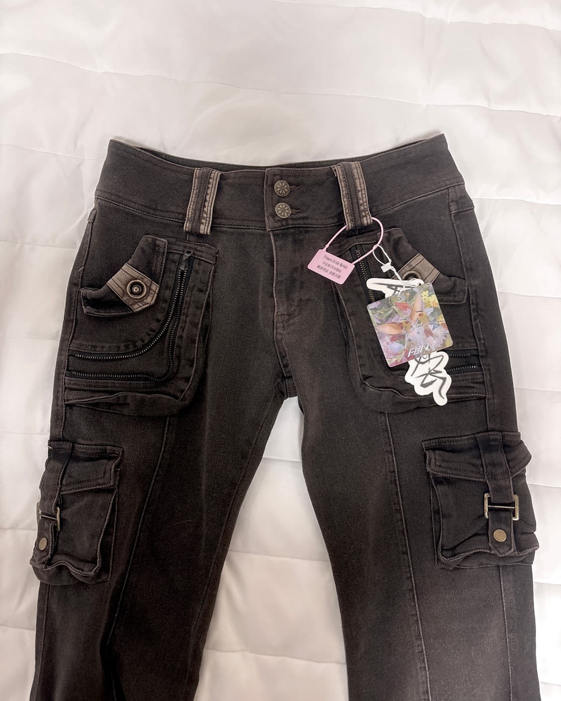 테스트메커니즘 flowers birds 카고 부츠컷 블랙 팬츠 젤리보드 상품이미지5