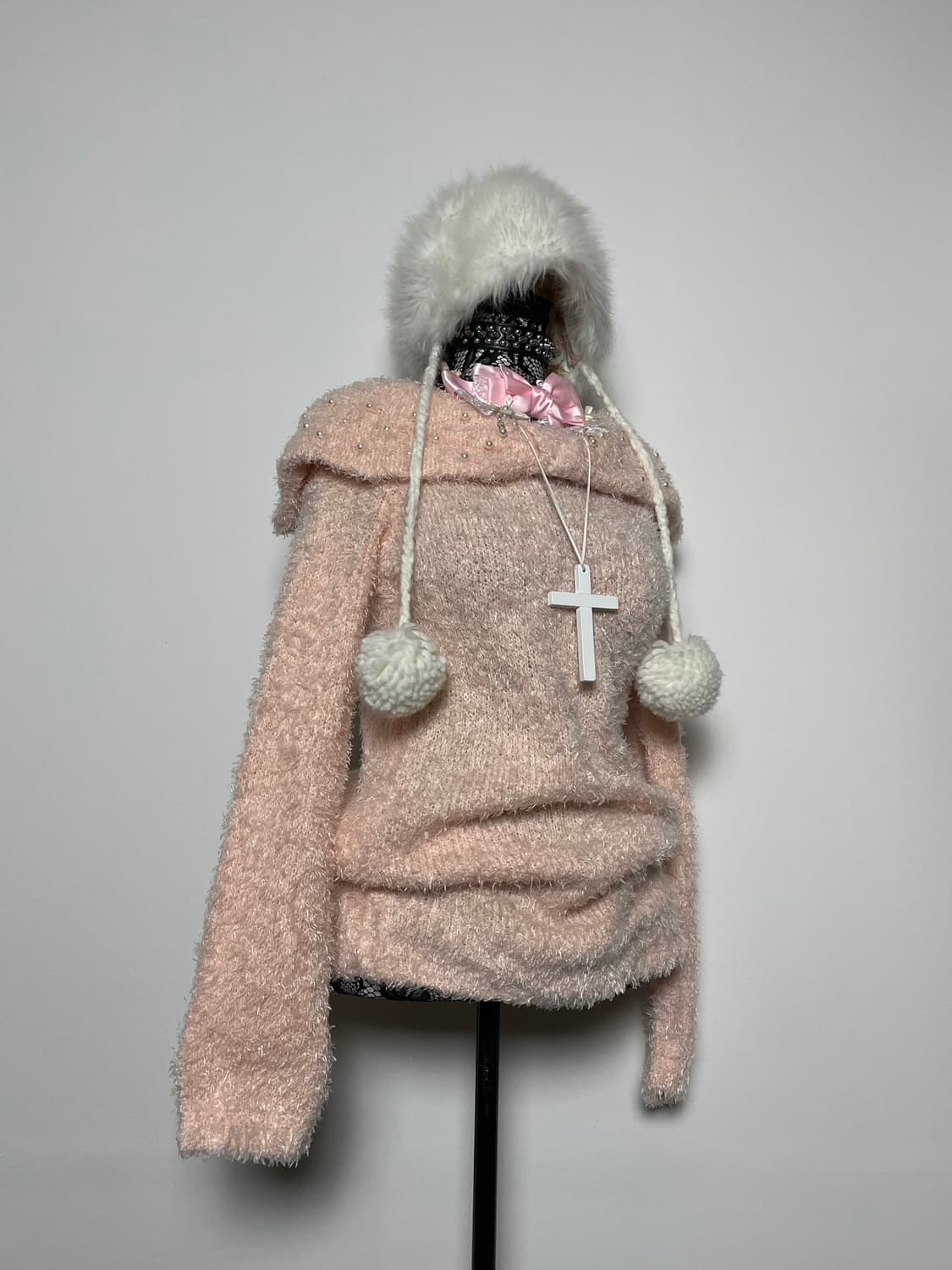 PENDORA 펜도라 리본 핑크 진주 펄 오프숄더 니트 상품이미지3