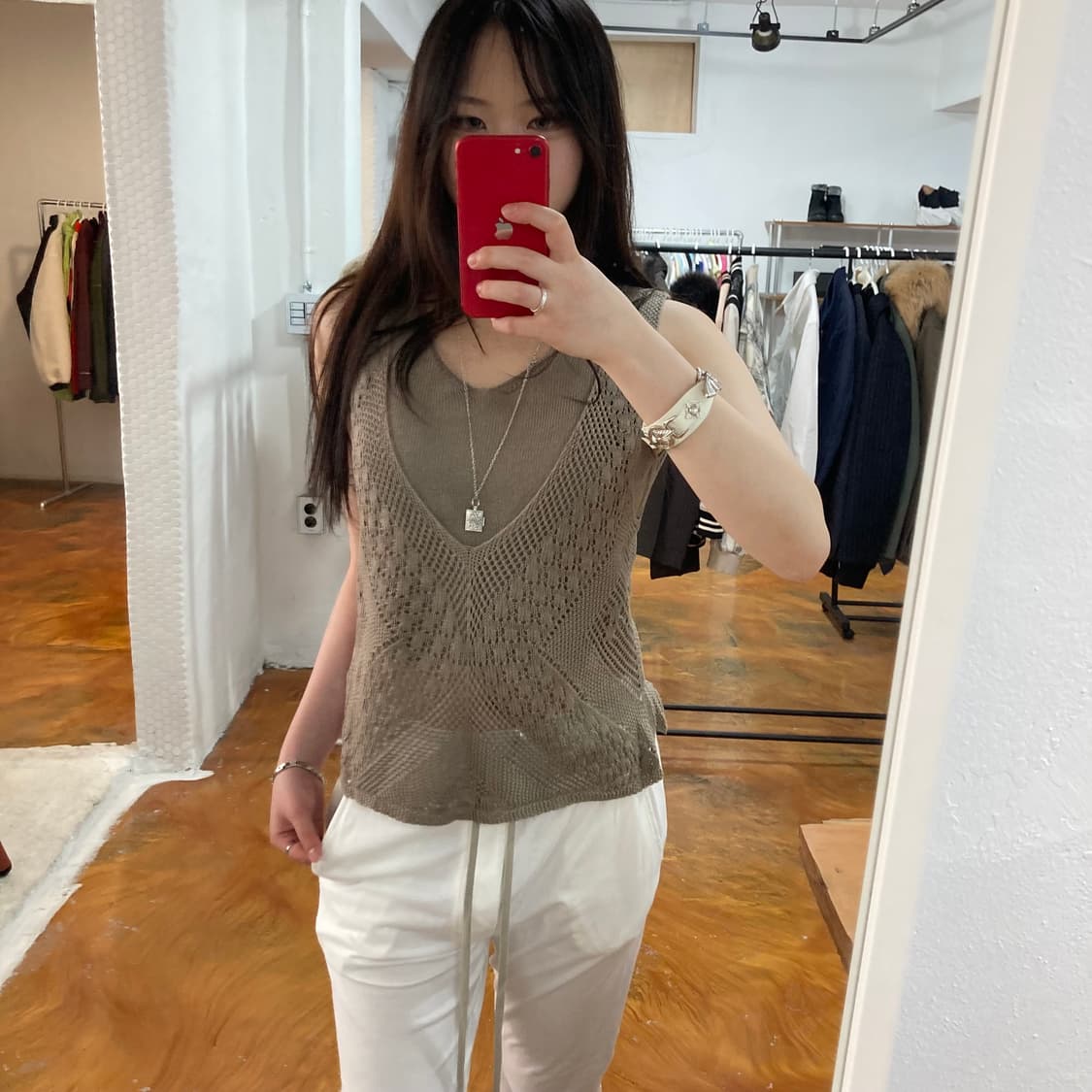 빈티지 크로셰 펀칭 시스루 모카 브라운 여름 니트 베스트 상품이미지5