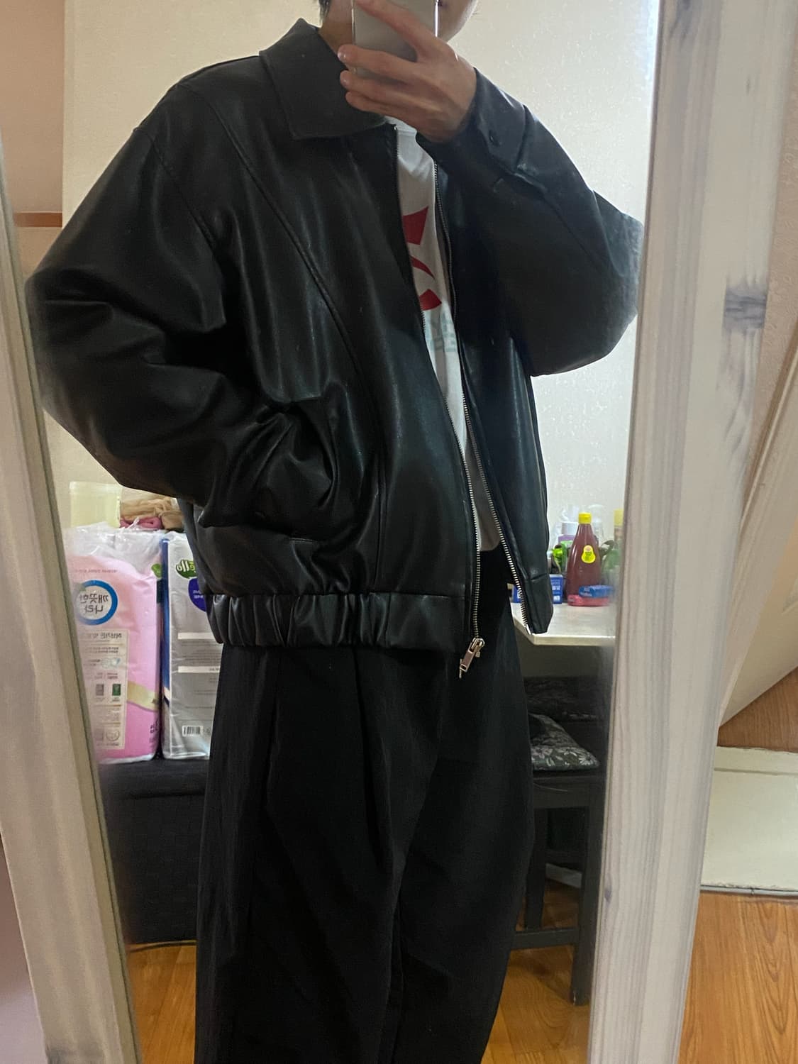 콜릿 - 빈티지 밴딩 오버핏 레더 가죽자켓 (블랙/free) 상품이미지6