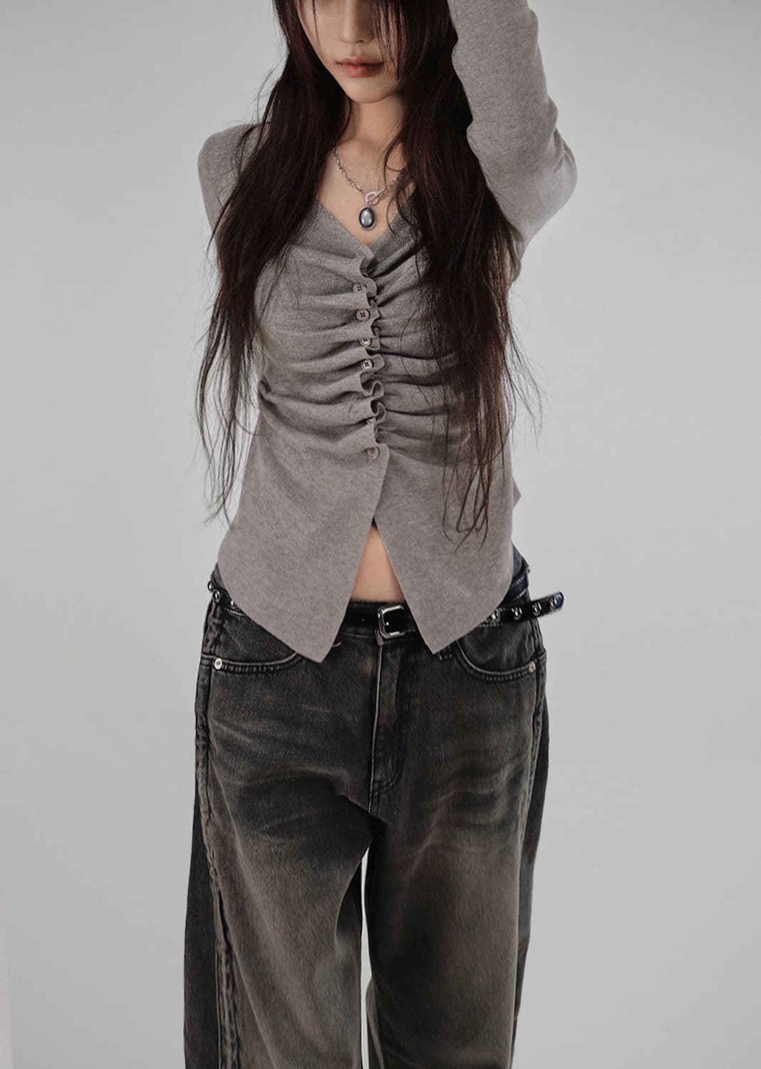 셔링 브이넥 가디건 니트 상품이미지2