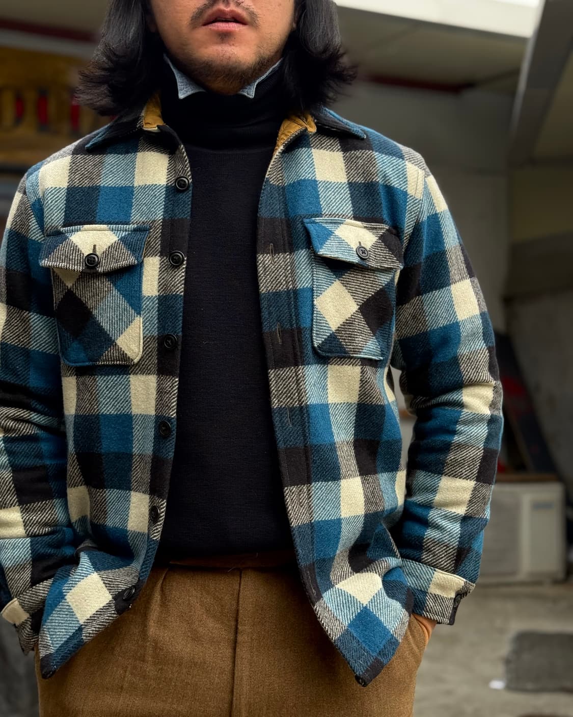 R.R.L 엘보우 패치 퀼티드 라인 울 체크 오버셔츠 자켓 S 상품이미지7