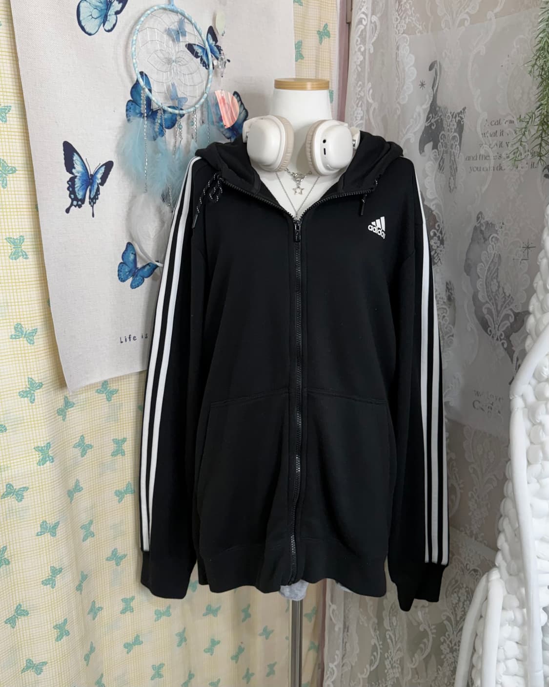 아디다스 블랙 오버핏 후드 집업 상품이미지3