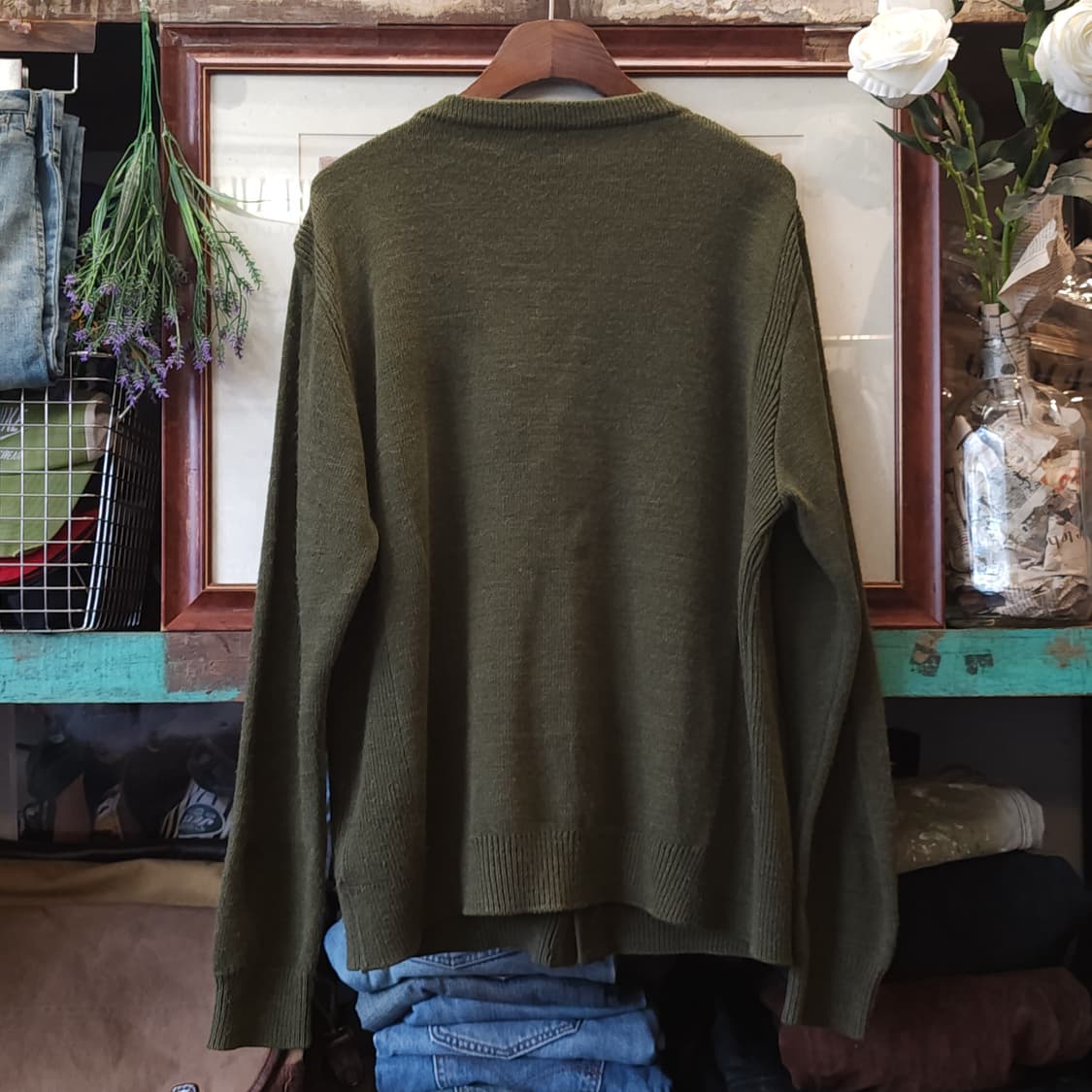 90s 프렌치 울 가디건 유럽 헤비울 스웨터 버튼 가디건 그린 L 상품이미지3